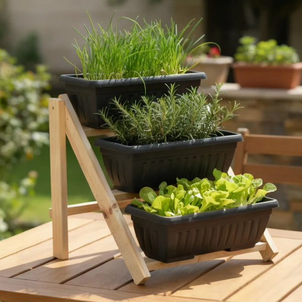 Jardineira Vertical 3 Níveis com Suporte de Madeira (Vasos 3,5 L) - Loja do Jardinista